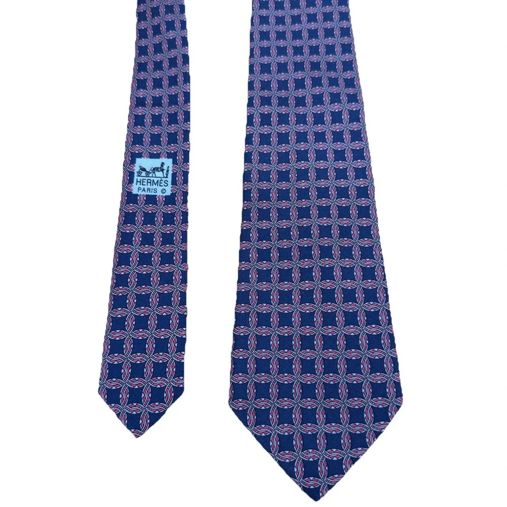 Hermès France 100% Silk Tie Navy Blue Red Geometric Squares Luxury AOP 7092 UA